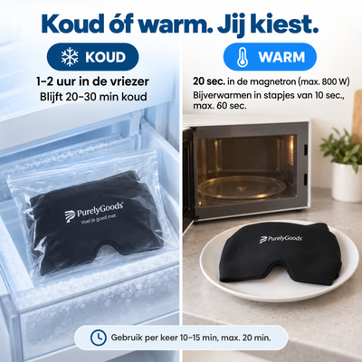 Zwart PurelyGoods migraine masker koud uit de vriezer of warm uit de magnetron, met gebruiksduur