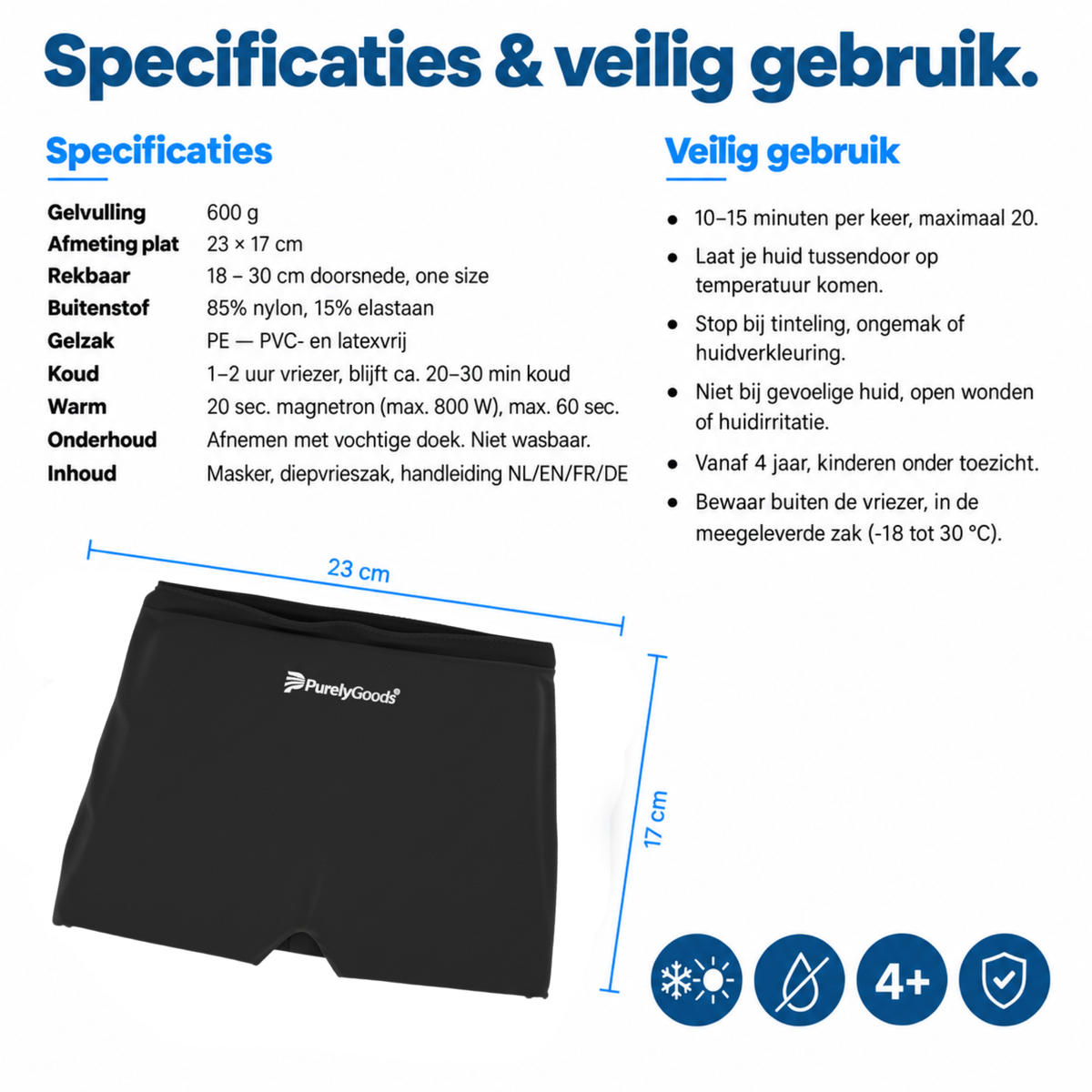 Specificaties zwart PurelyGoods hoofdpijn masker: 600 g gel, 23×17 cm, 85% nylon, PVC- en latexvrij