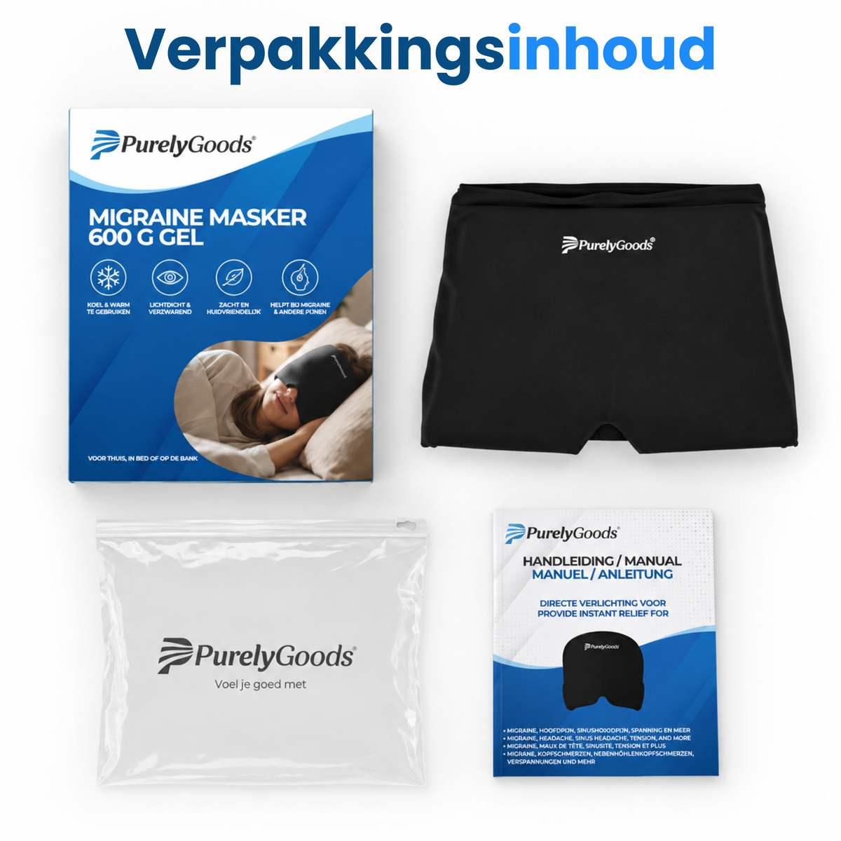 Verpakkingsinhoud zwart PurelyGoods migraine masker: masker, diepvrieszak en handleiding