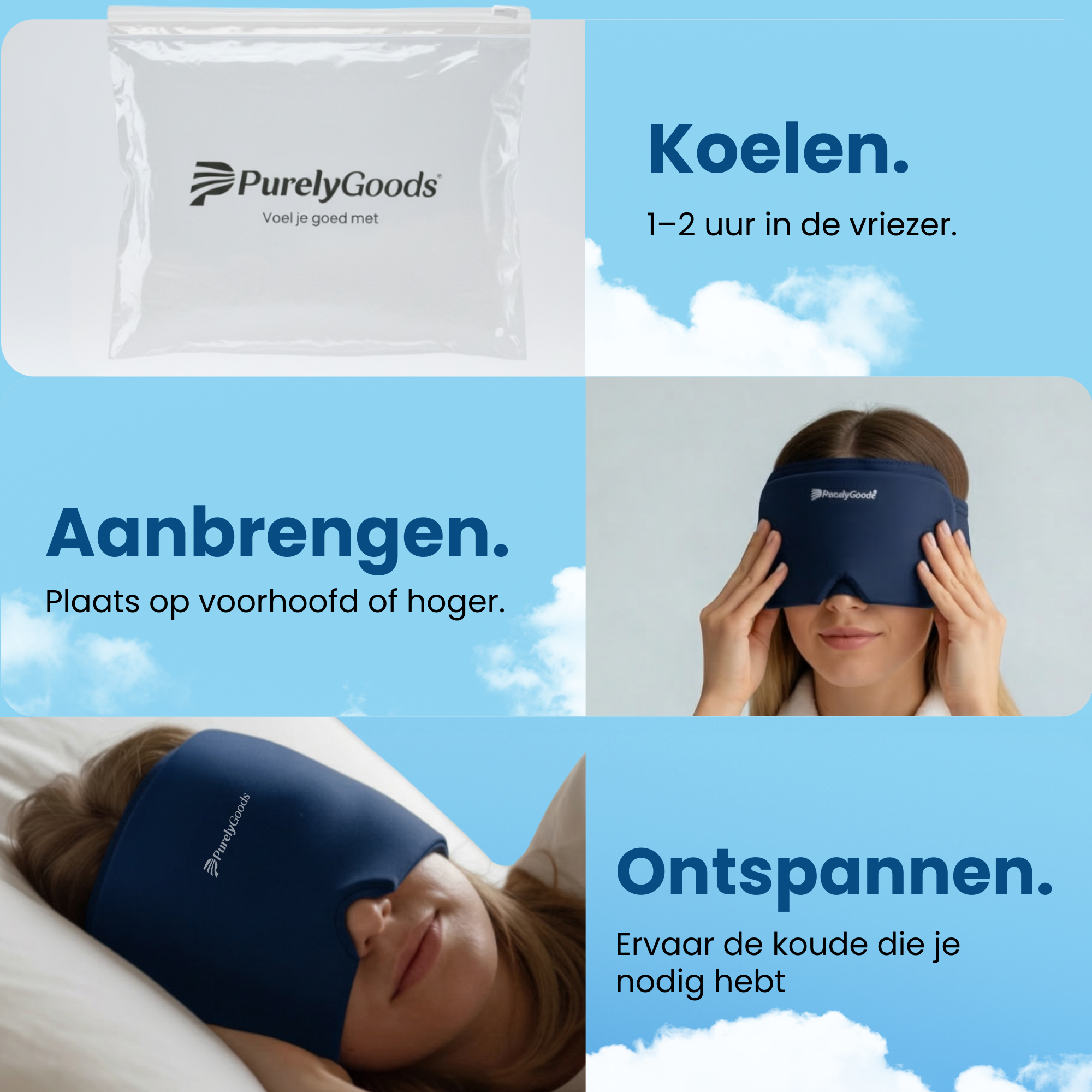 Gebruik van PurelyGoods migraine masker met koeltherapie: koelen in vriezer, aanbrengen op voorhoofd en ontspannen