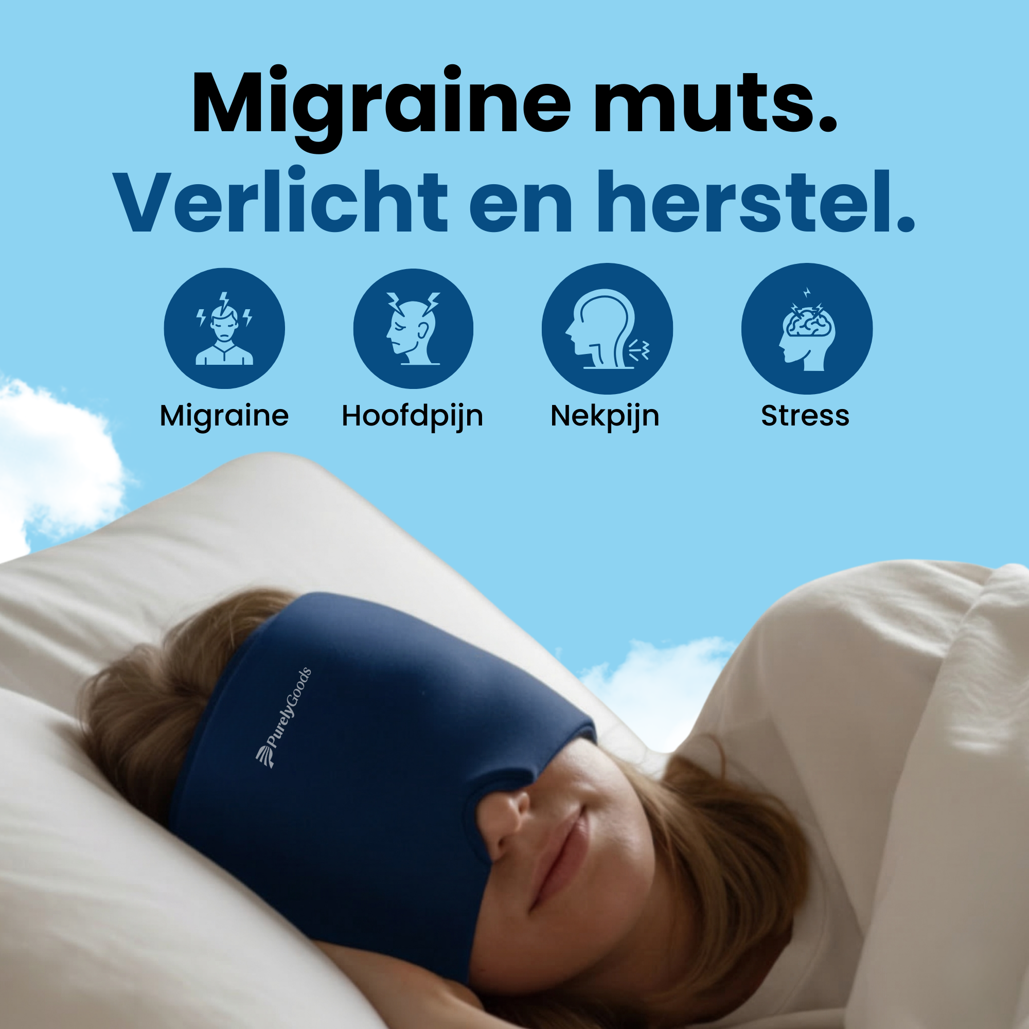 Vrouw draagt PurelyGoods migraine muts voor verlichting bij migraine, hoofdpijn en stress