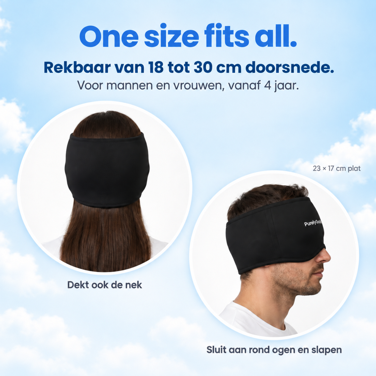 Zwarte PurelyGoods migraine muts one size, rekbaar 18–30 cm, dekt ogen, slapen en nek, man en vrouw