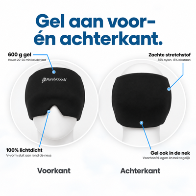 Voor- en achterkant zwarte PurelyGoods migraine muts met 600 g gel, 100% lichtdicht en zachte stretchstof