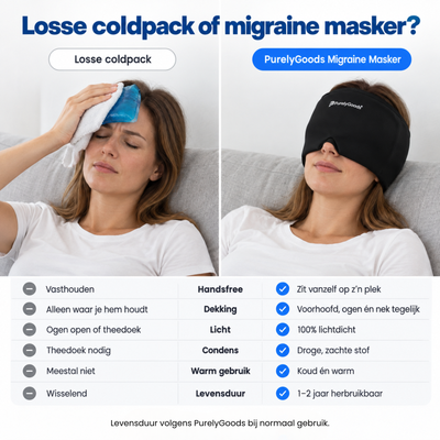 Losse coldpack versus handsfree zwarte PurelyGoods migraine muts: lichtdicht, koud én warm