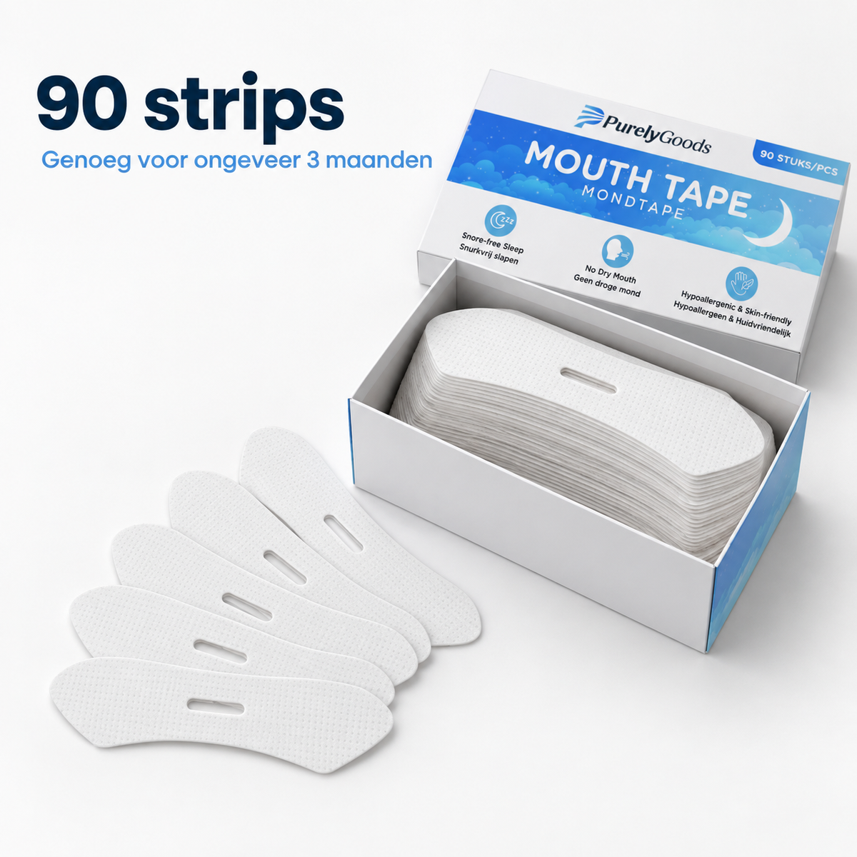 Open doos PurelyGoods-mondtape met 90 strips en enkele losse strips ervoor, genoeg voor ongeveer drie maanden.