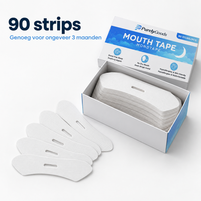 Open doos PurelyGoods-mondtape met 90 strips en enkele losse strips ervoor, genoeg voor ongeveer drie maanden.