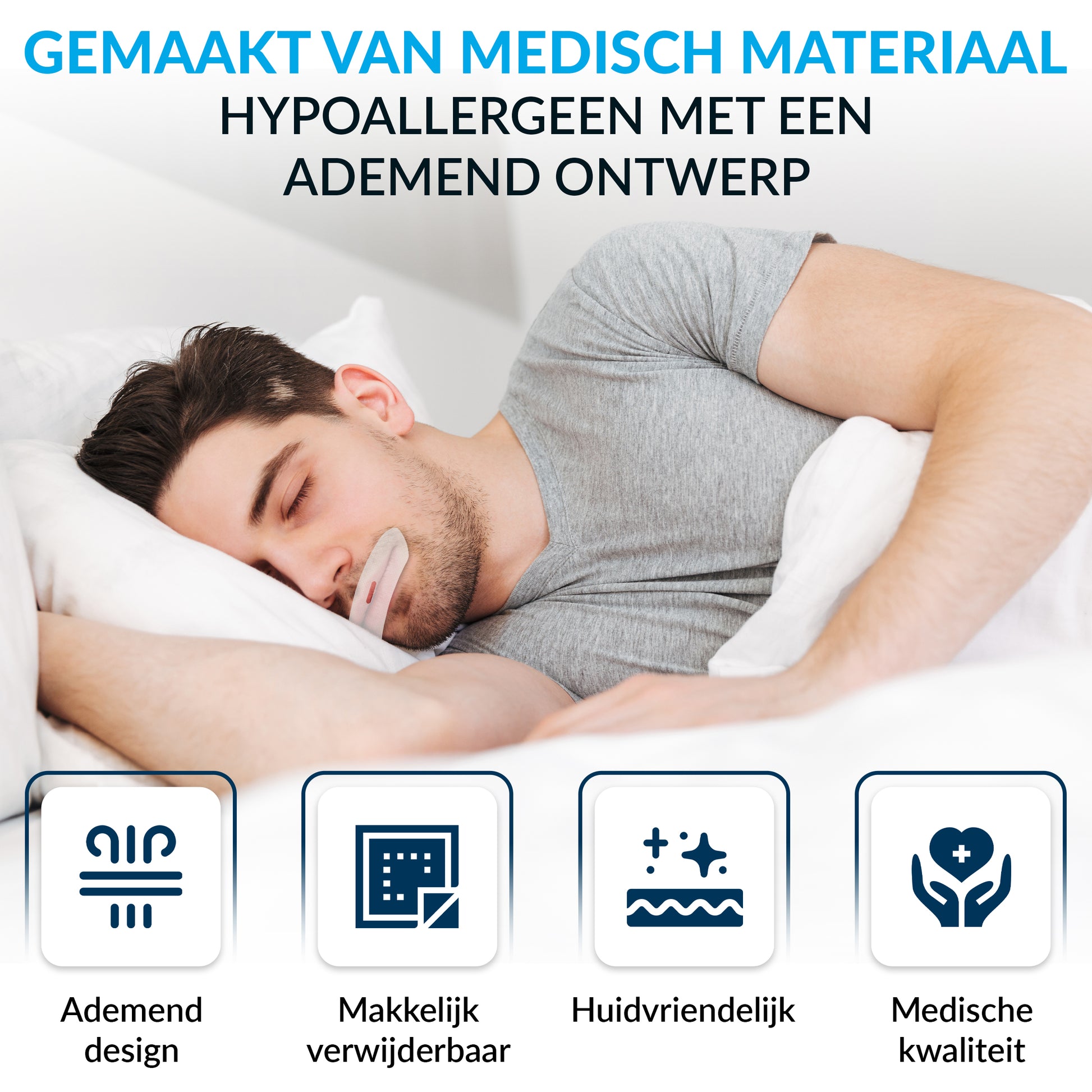 Man slaapt met PurelyGoods mond strips – hypoallergeen, ademend en huidvriendelijk slaaptape voor betere nachtrust