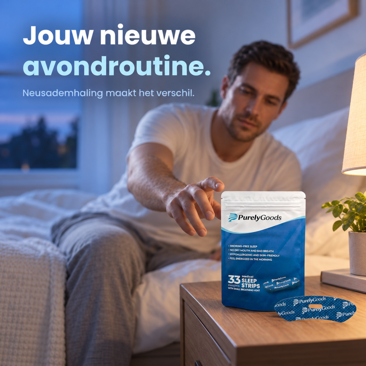 Man pakt zakje PurelyGoods mondtape van het nachtkastje als onderdeel van zijn avondroutine