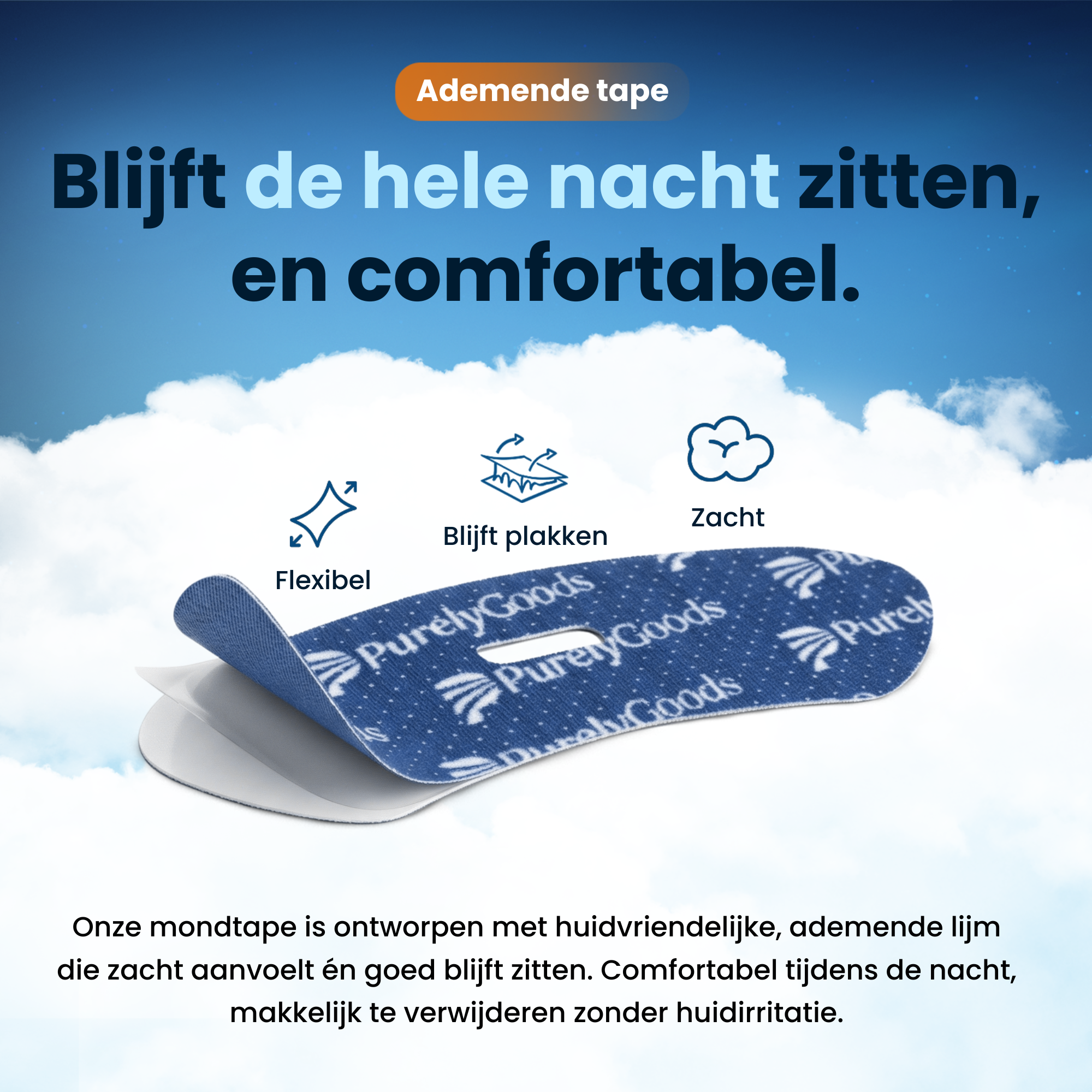 Blauwe PurelyGoods mondtape met ademende opening, flexibel materiaal en zachte kleeflaag die goed blijft zitten tijdens de nacht.