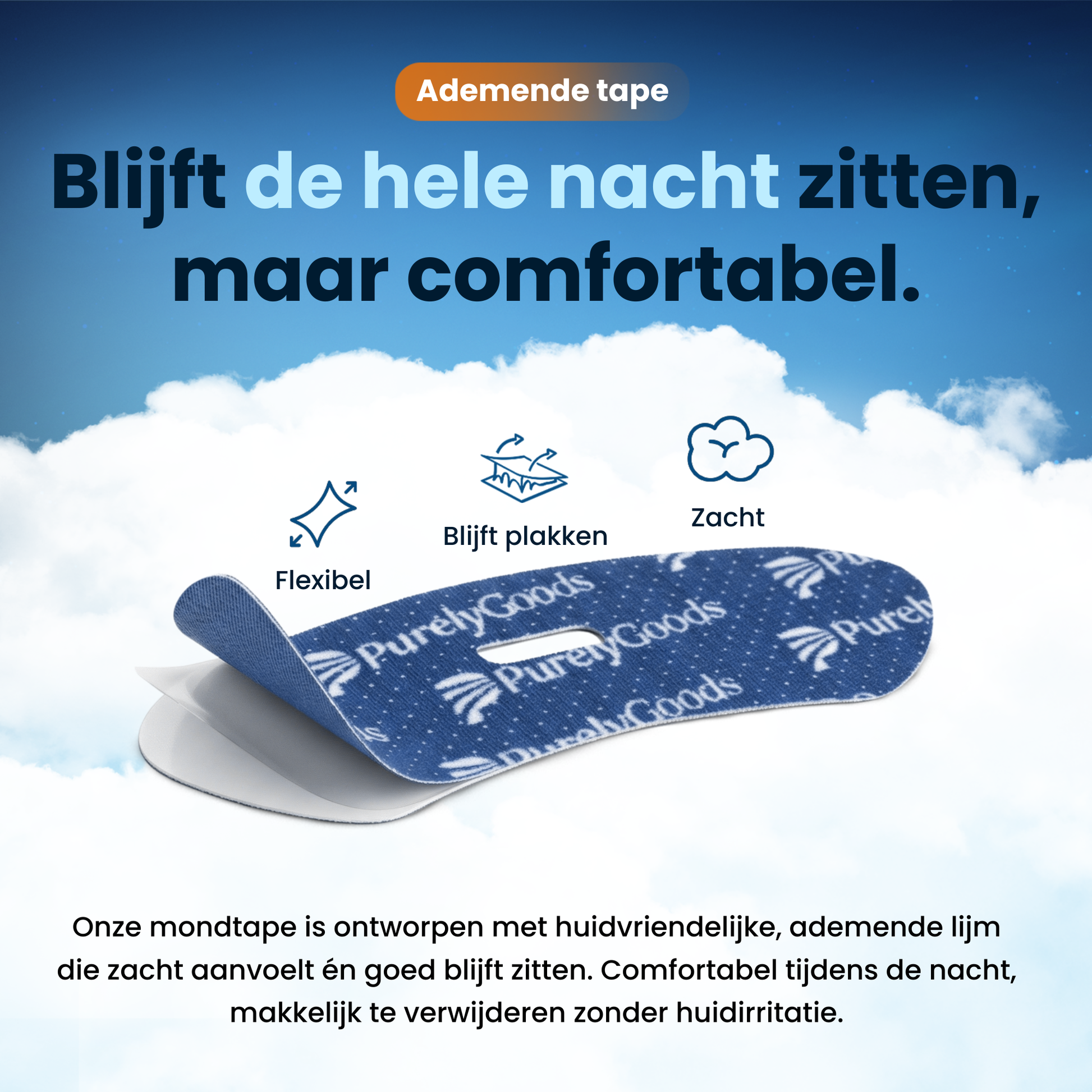 PurelyGoods mondtape met eigenschappen: flexibel, blijft plakken en zacht – ideaal voor comfortabel slapen zonder huidirritatie.