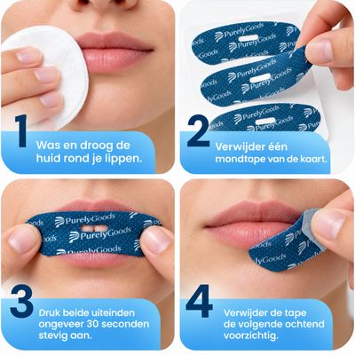 Gebruiksaanwijzing PurelyGoods mondtape in 4 stappen: huid reinigen, tape lospakken, aandrukken en 's ochtends verwijderen