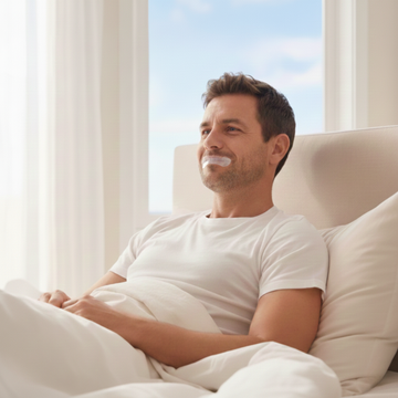 Man ontspant in bed met PurelyGoods mondtape mondpleister voor gebruik tijdens de nacht