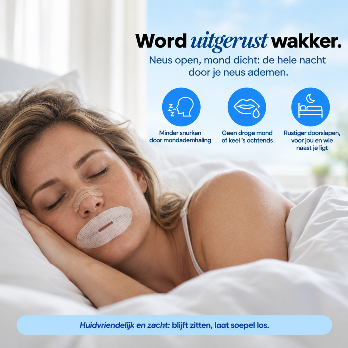 Vrouw slaapt met neusstrip en mondtape op, met iconen voor snurken, droge mond en doorslapen