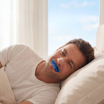 Man ligt ontspannen met PurelyGoods mondtape en neusstrips voor neusademhaling