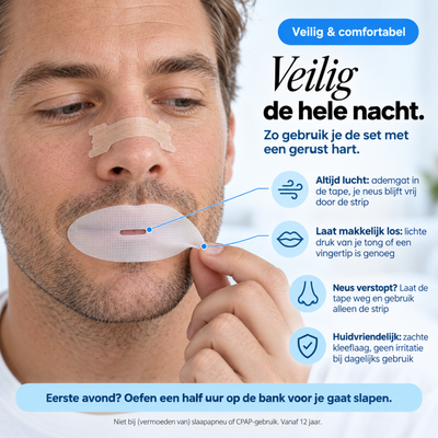 Man verwijdert mondtape met ademgat, met uitleg over veilig gebruik en huidvriendelijkheid