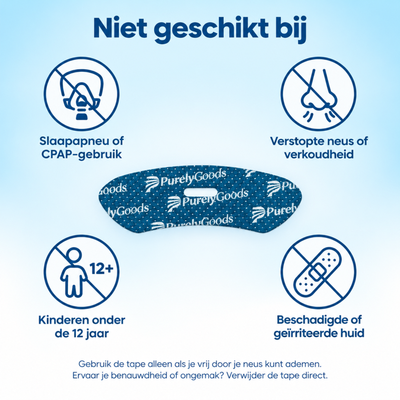 Waarschuwing PurelyGoods mondtape: niet bij slaapapneu, CPAP, verstopte neus, kinderen onder 12 of beschadigde huid
