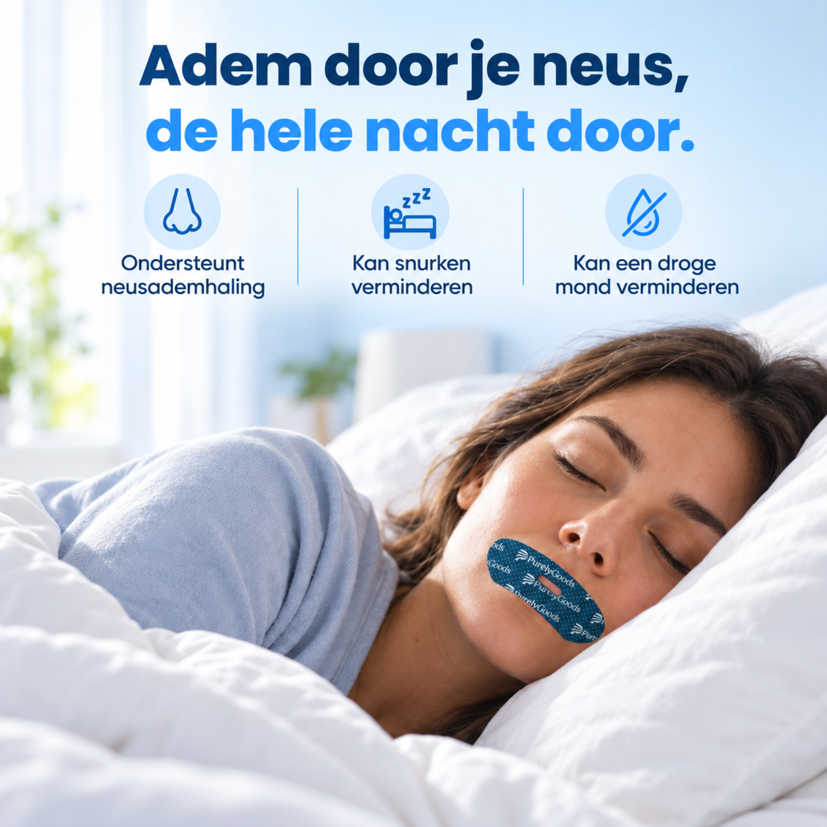 Vrouw slaapt met PurelyGoods mondtape op de mond ter ondersteuning van neusademhaling