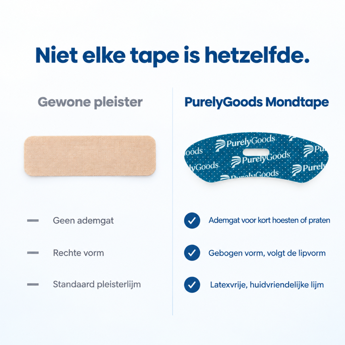 Vergelijking gewone pleister en PurelyGoods mondtape met ademgat, gebogen vorm en huidvriendelijke lijm