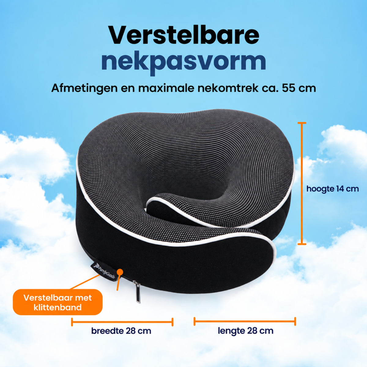 PurelyGoods nekkussen van 28 × 28 × 14 cm met verstelbaar klittenband, voor een nekomtrek tot circa 55 cm.