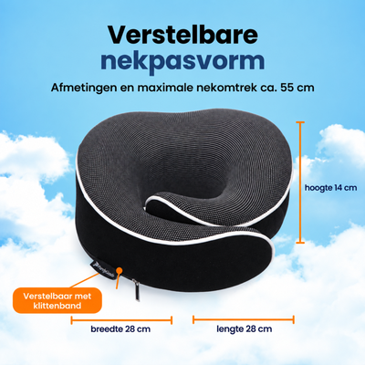 PurelyGoods nekkussen van 28 × 28 × 14 cm met verstelbaar klittenband, voor een nekomtrek tot circa 55 cm.