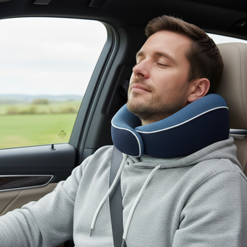 Man zit ontspannen in de auto met het PurelyGoods nekkussen, ontworpen voor comfortabele nekondersteuning en ontspannen reizen tijdens autoritten
