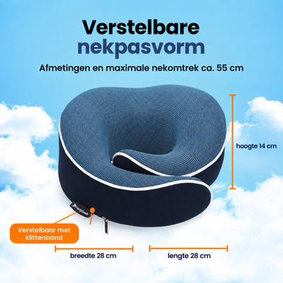 Blauw PurelyGoods nekkussen van 28 × 28 × 14 cm met verstelbaar klittenband, voor een nekomtrek tot circa 55 cm.