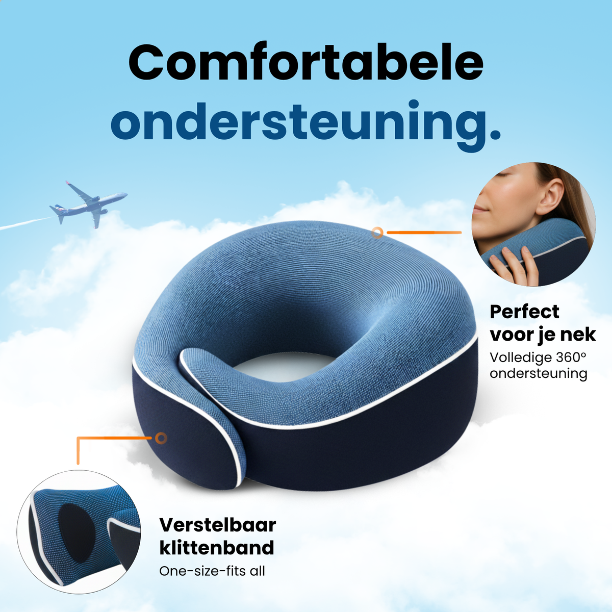 Blauw PurelyGoods nekkussen met 360 graden nekondersteuning en verstelbare klittenbandsluiting voor comfortabel reizen.
