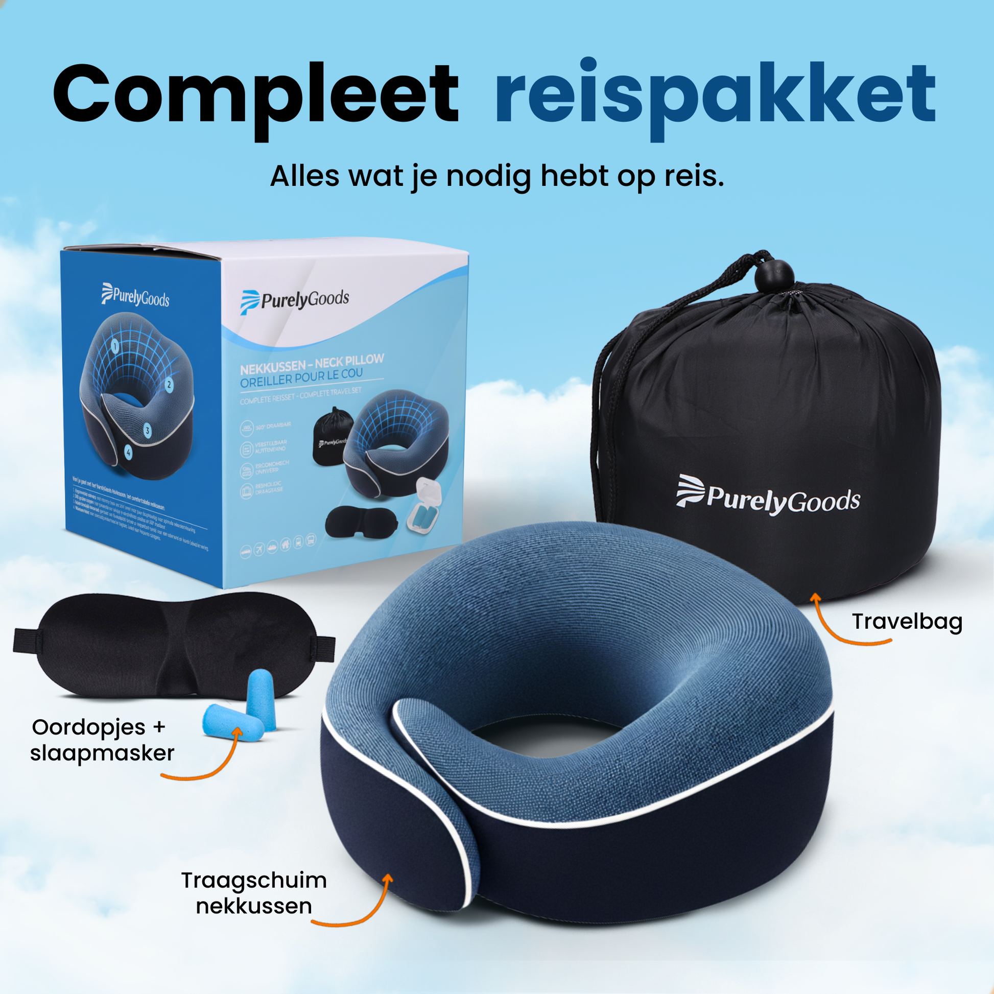 PurelyGoods complete reisset met traagschuim nekkussen, slaapmasker, oordopjes en travelbag voor comfortabel slapen en ontspannen reizen