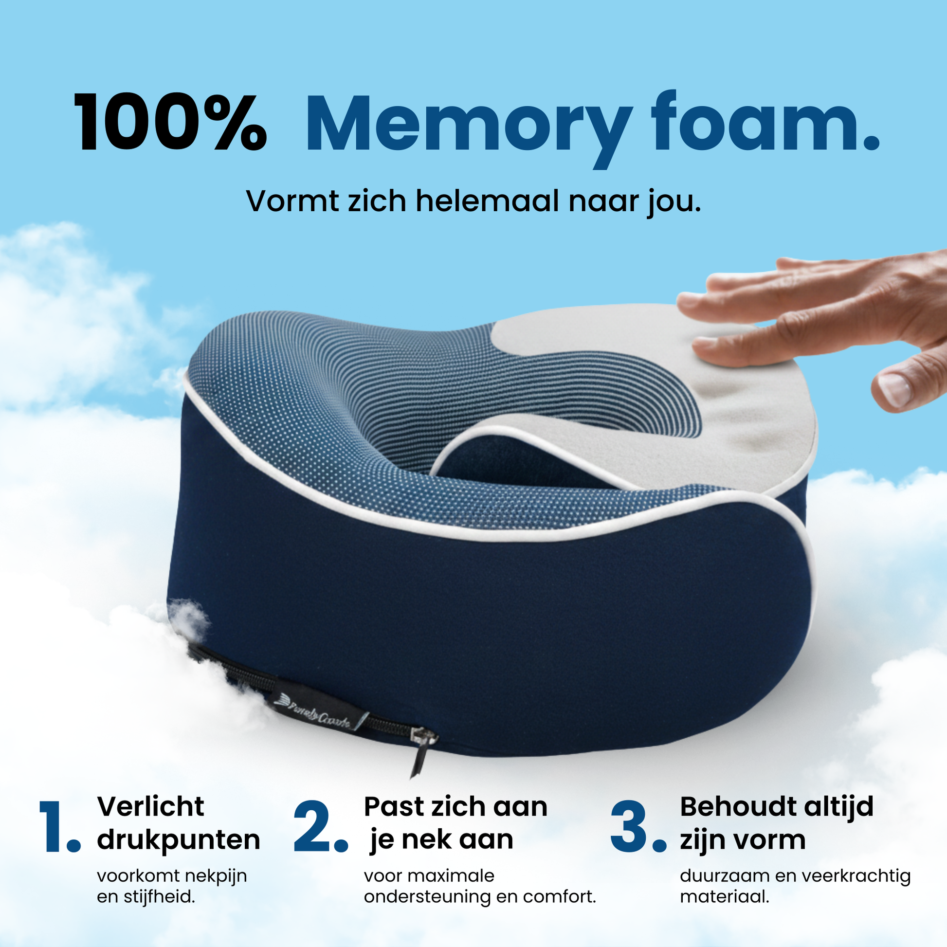 PurelyGoods nekkussen van 100 procent memory foam dat zich aanpast aan de nek, drukpunten verlicht en zijn vorm behoudt voor duurzaam comfort tijdens reizen