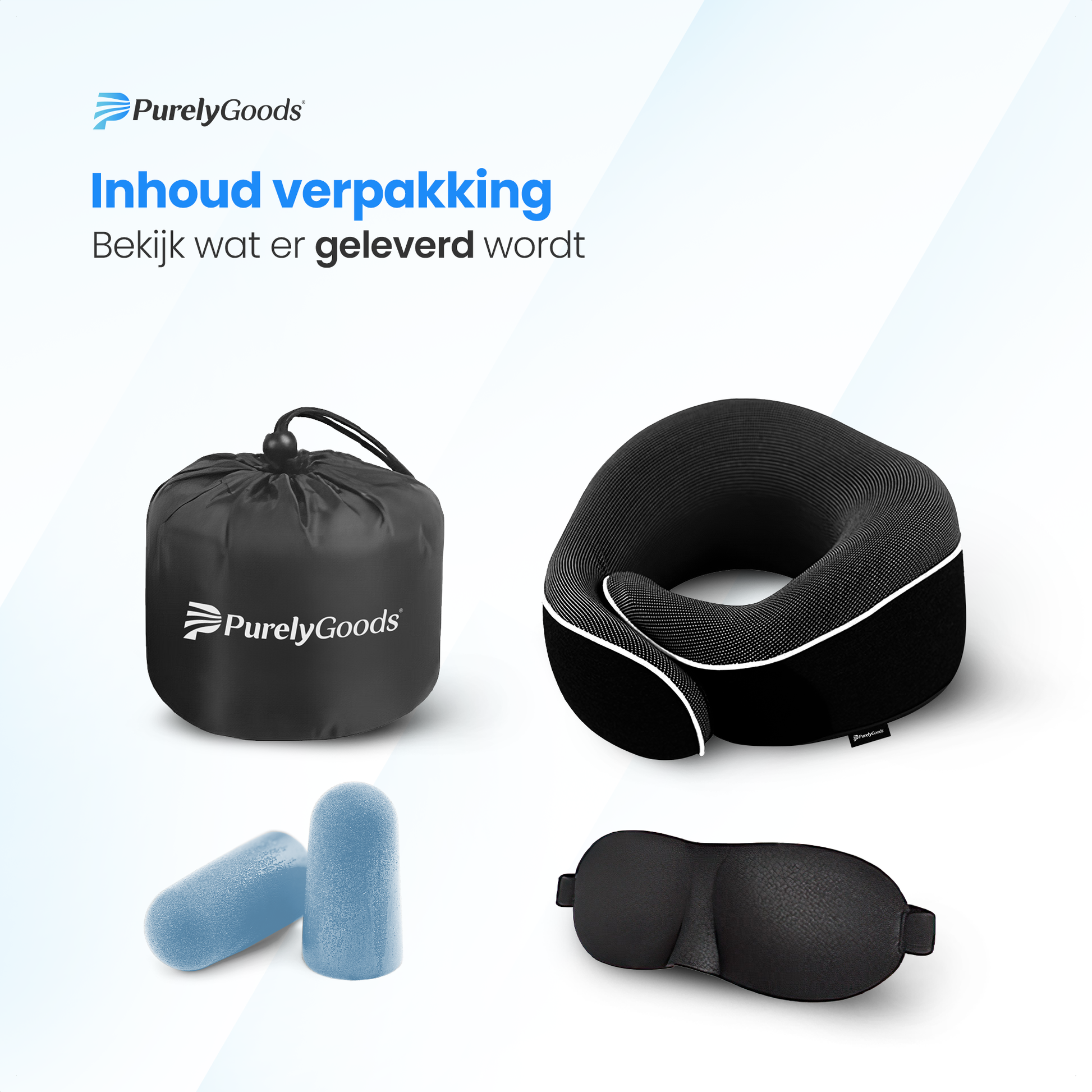 PurelyGoods nekkussen set met reiskussen vliegtuig slaapmasker oordopjes en draagtas