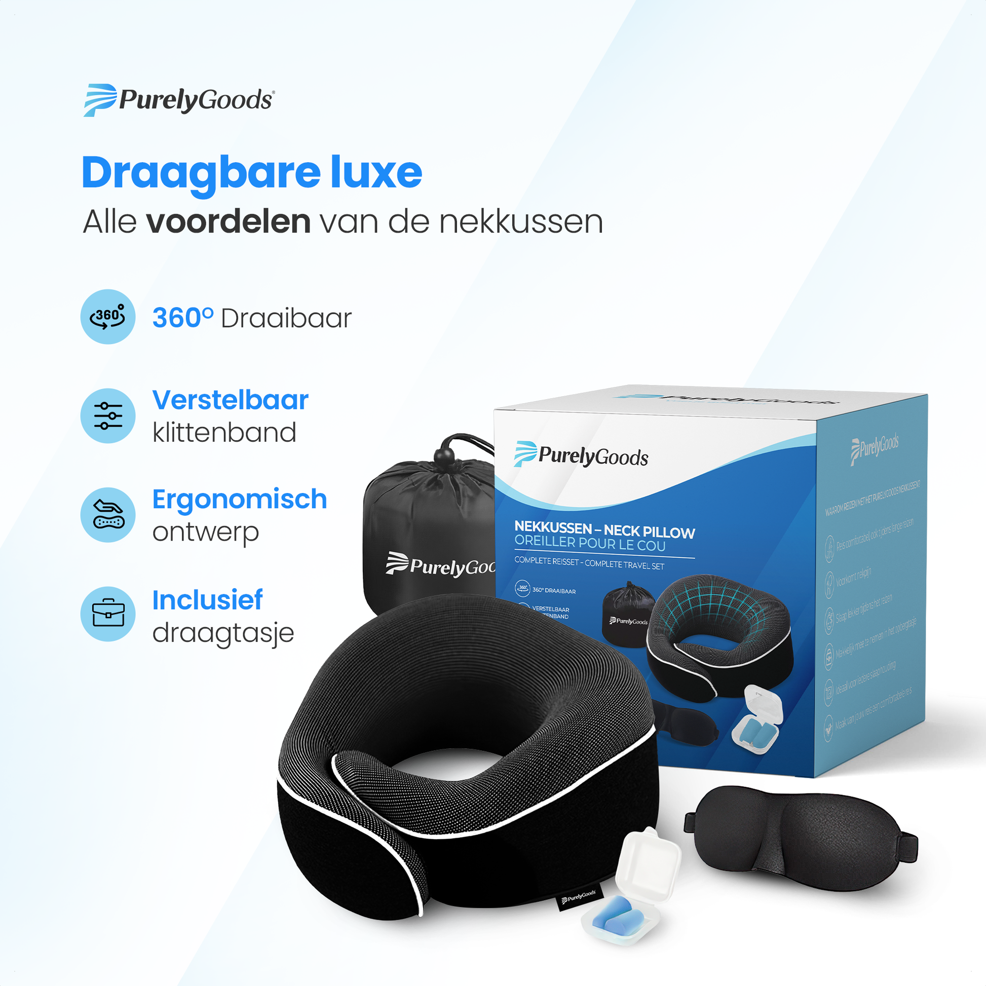 PurelyGoods nekkussen memory foam reiskussen vliegtuig ergonomisch met draagtas en slaapmasker