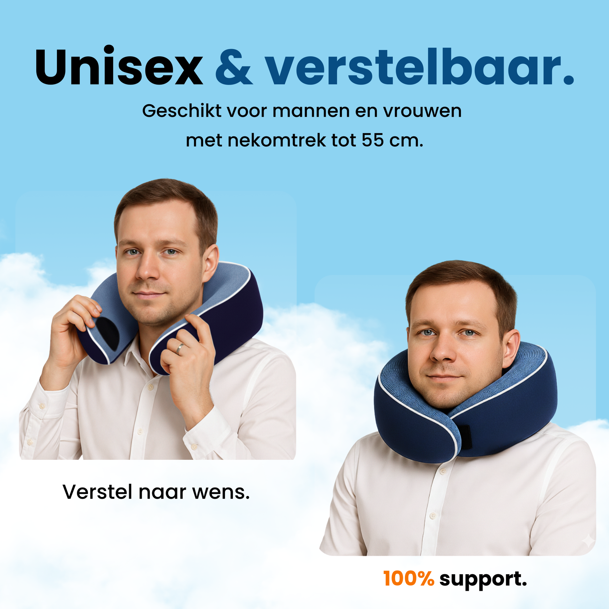 PurelyGoods unisex nekkussen met verstelbare pasvorm, geschikt voor mannen en vrouwen met een nekomtrek tot 55 cm voor stabiele en comfortabele ondersteuning
