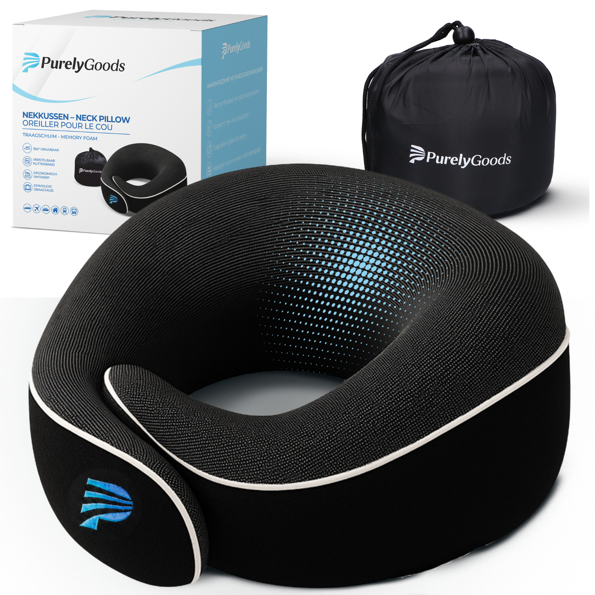 PurelyGoods nekkussen met productverpakking en compacte travelbag
