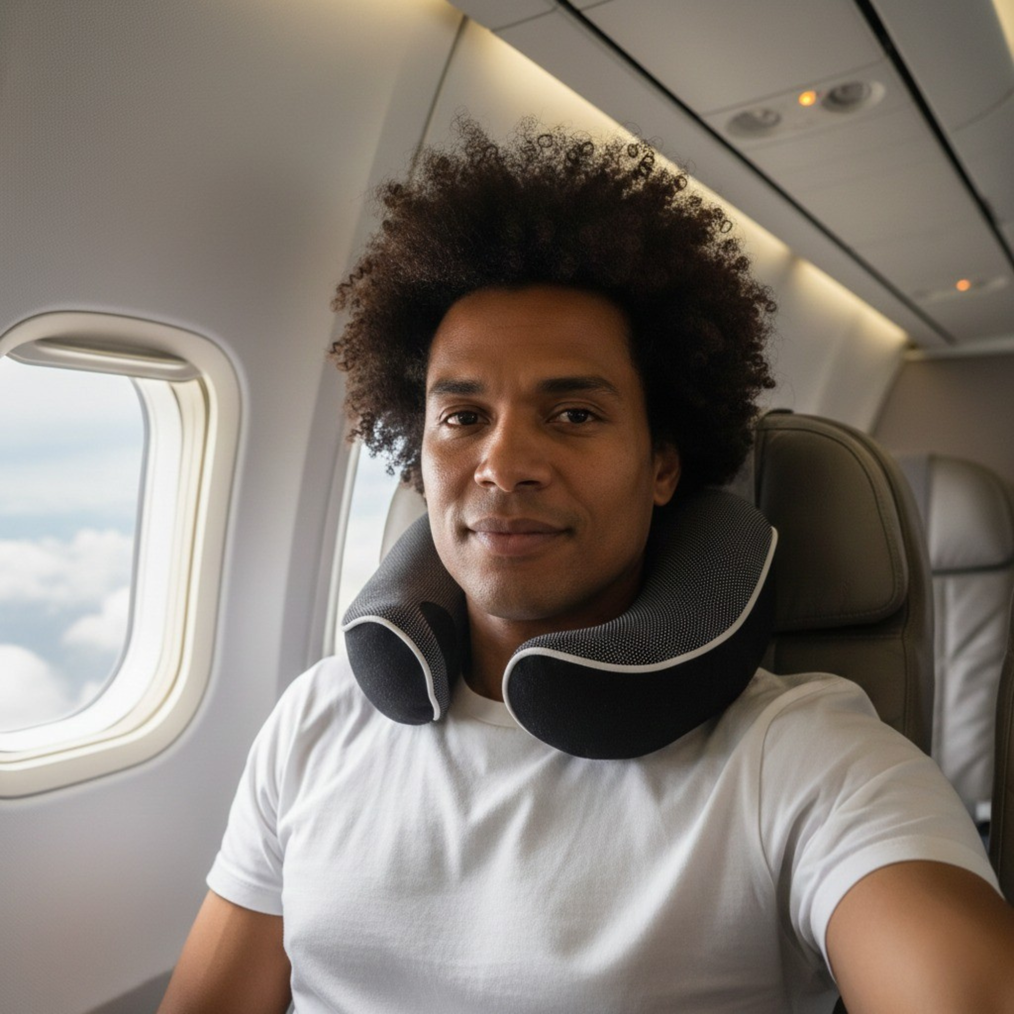 Man zit ontspannen in een vliegtuigstoel met een ergonomisch nekkussen van PurelyGoods om zijn nek, klaar voor een comfortabele vlucht.