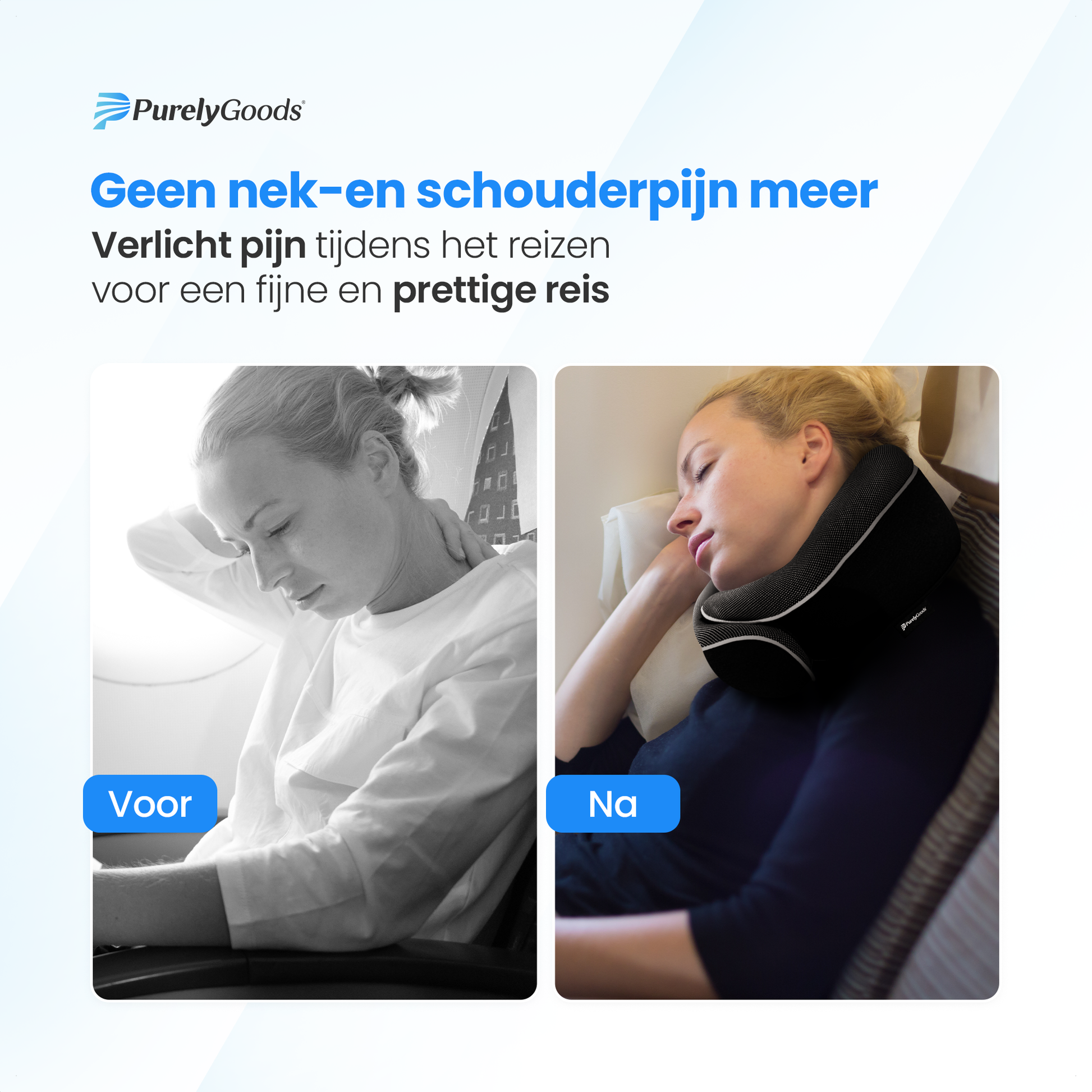 Voor en na gebruik van ergonomisch nekkussen in vliegtuig – PurelyGoods