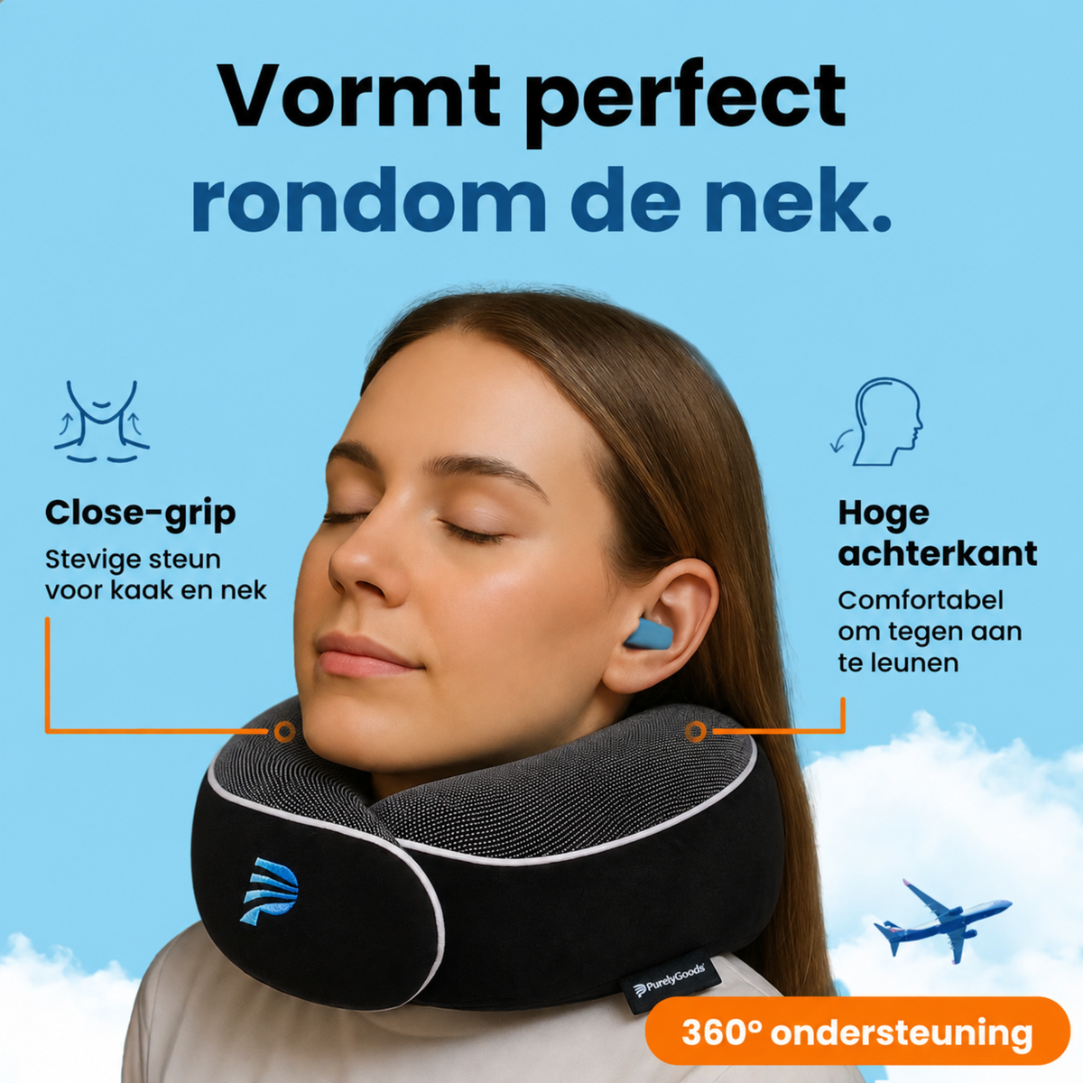 Vrouw draagt een zwart PurelyGoods nekkussen dat aansluit rond haar nek en kaak, met een hoge achterkant.