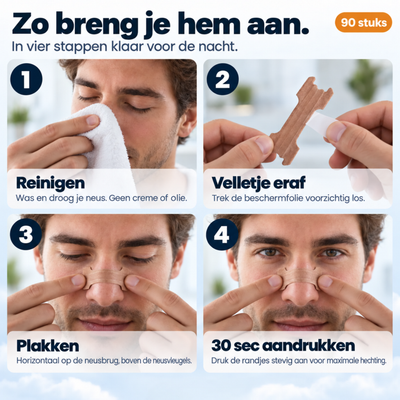 Vier stappen om een neusstrip aan te brengen: reinigen, folie eraf, plakken en aandrukken