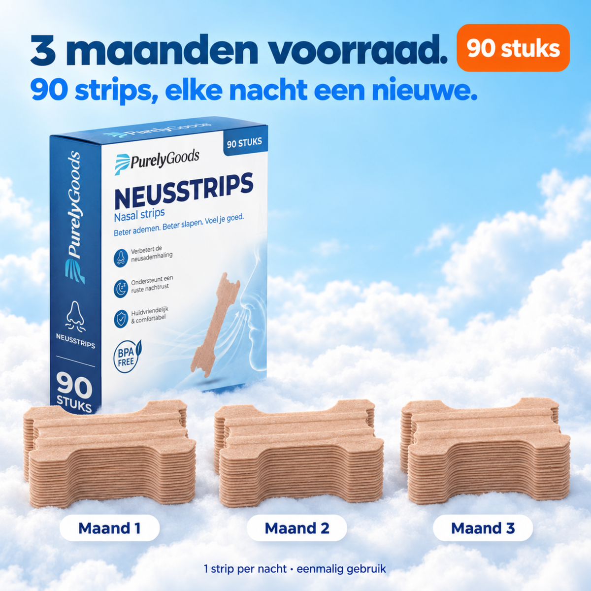 Doos neusstrips 90 stuks met drie stapels strips, één stapel per maand