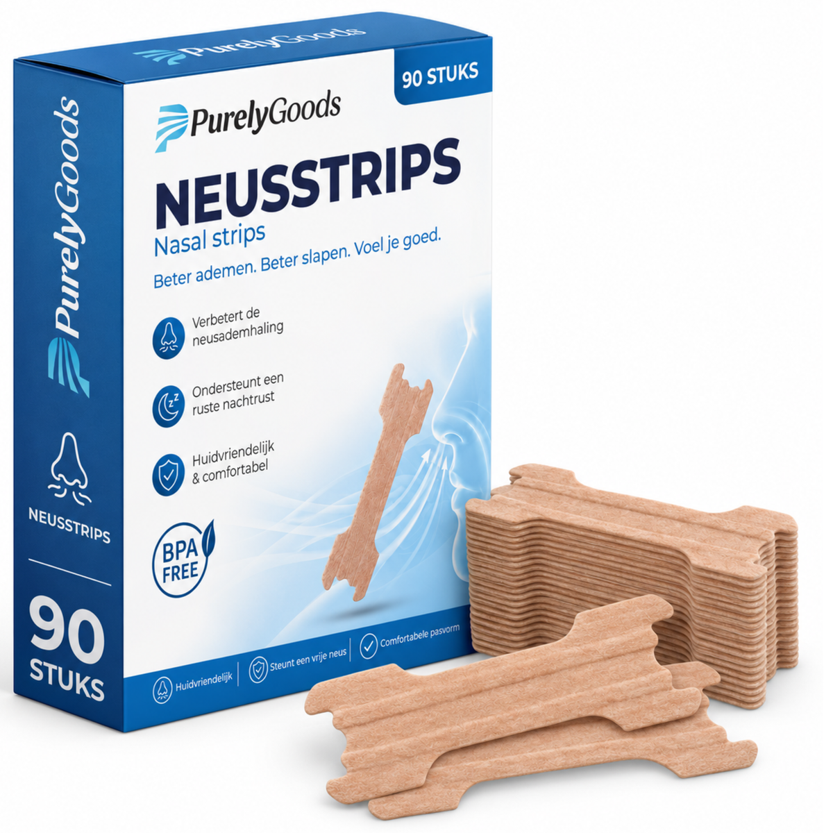 Verpakking PurelyGoods neusstrips 90 stuks met een stapel bruine neusstrips ernaast
