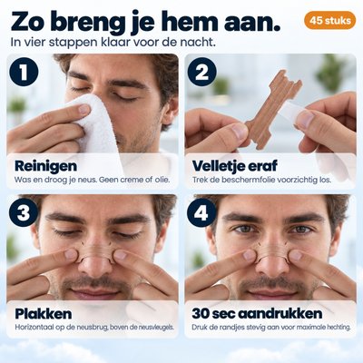 Neusstrip aanbrengen in vier stappen: neus wassen en drogen, beschermfolie verwijderen, horizontaal boven de neusvleugels plakken en 30 seconden aandrukken.