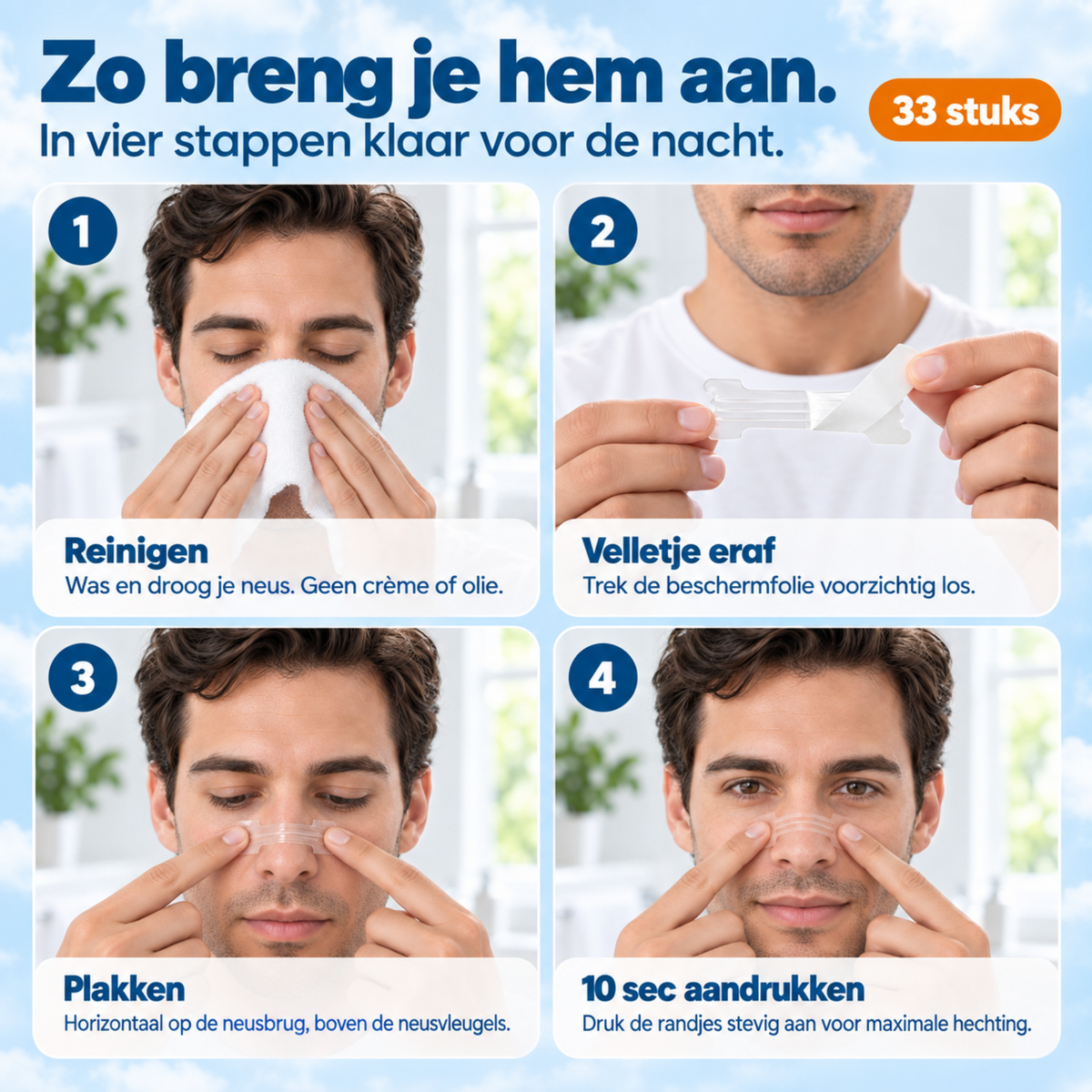 Vier stappen om een neusstrip aan te brengen: neus reinigen, folie eraf, plakken en aandrukken