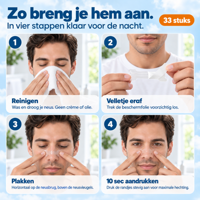 Vier stappen om een neusstrip aan te brengen: neus reinigen, folie eraf, plakken en aandrukken