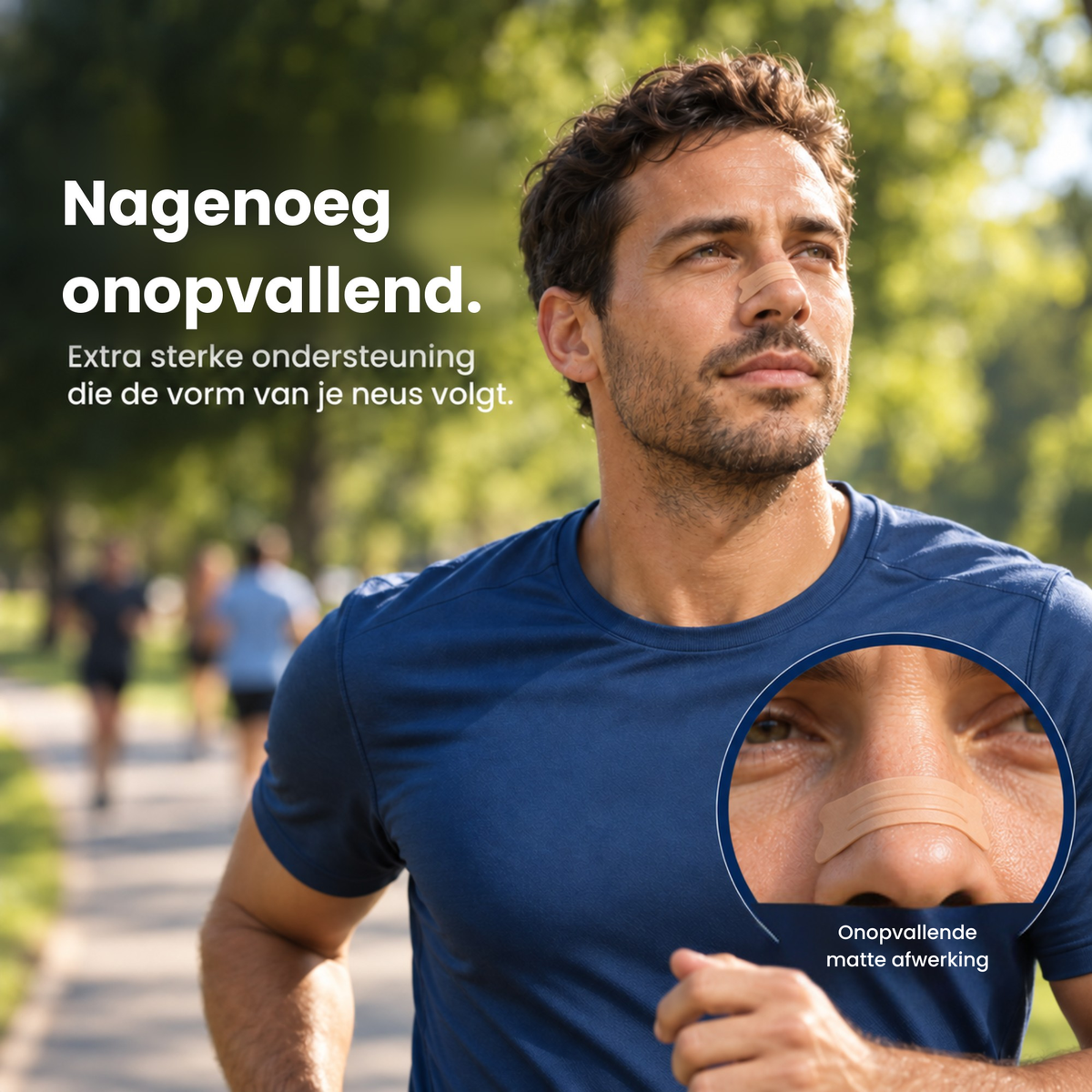Man draagt een beige neusstrip tijdens het hardlopen in een park, met een detailbeeld van de matte afwerking op de neusbrug.
