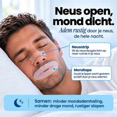 Slapende man met bruine neusstrip en mondtape, met uitleg van beide producten