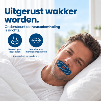 Man slaapt met een neusstrip en blauwe mondtape op, met iconen voor neus en mond