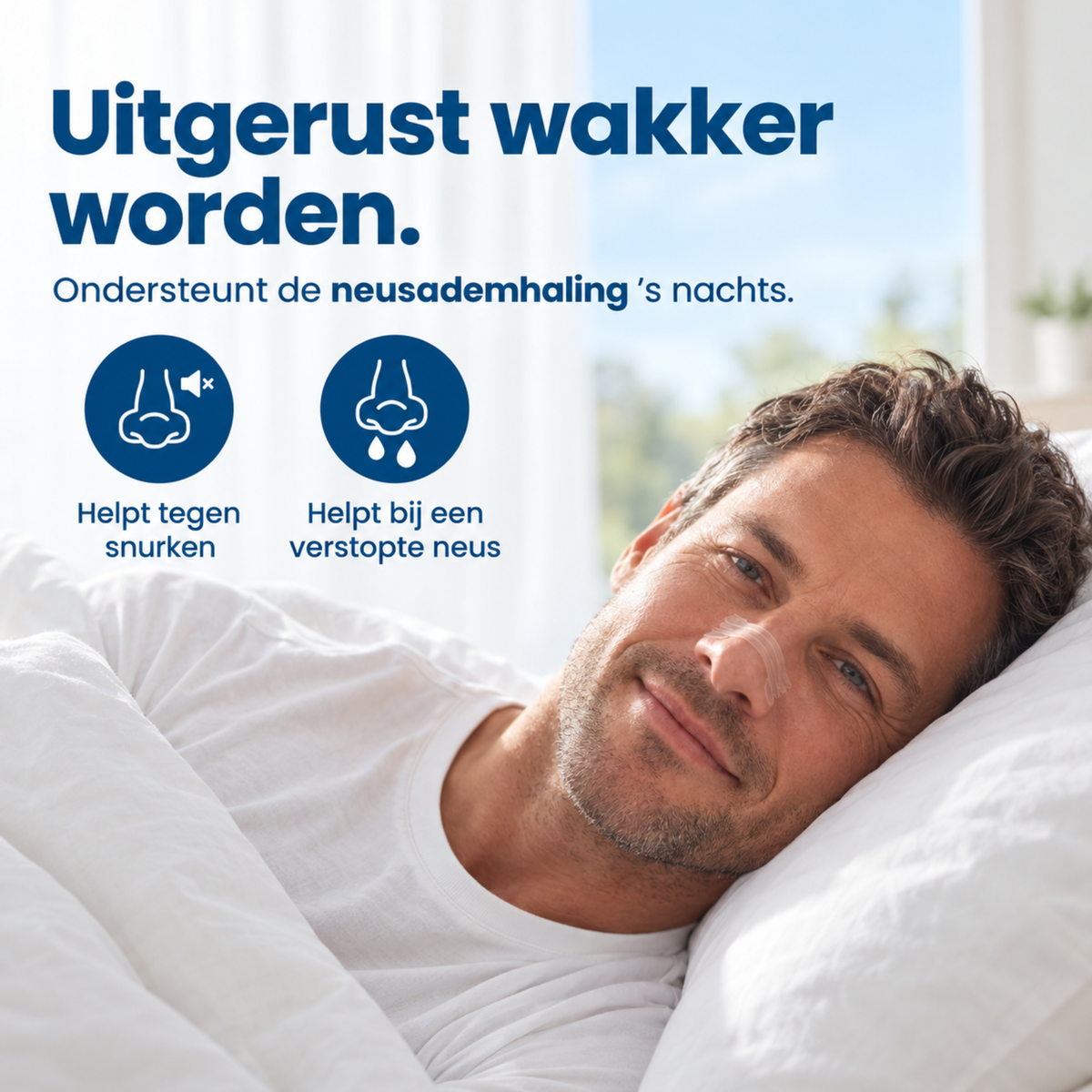Man slaapt met een neusstrip op, met iconen voor snurken en een verstopte neus