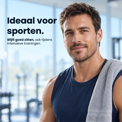 Man draagt een beige neusstrip in de sportschool, met een handdoek over zijn schouder.