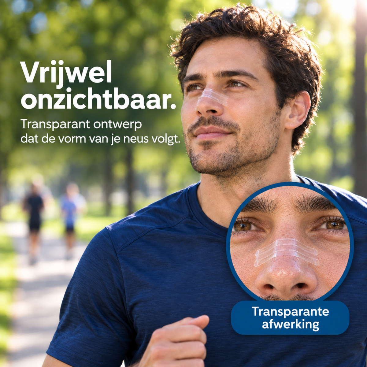 Man met transparante PurelyGoods neusstrip op de neusbrug tijdens het hardlopen in het park
