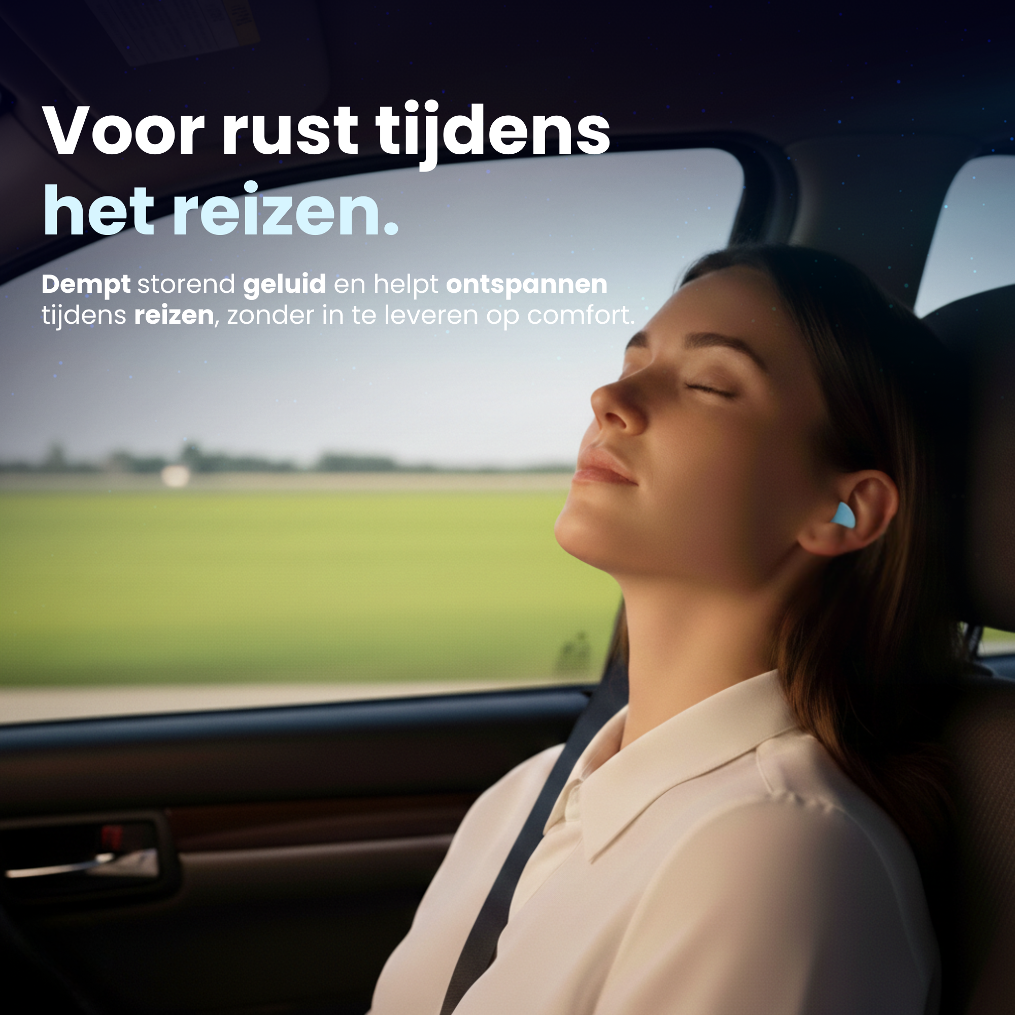 Vrouw ontspant tijdens het reizen met PurelyGoods slaap oordoppen, dempt storend omgevingsgeluid en ondersteunt rust en ontspanning onderweg.