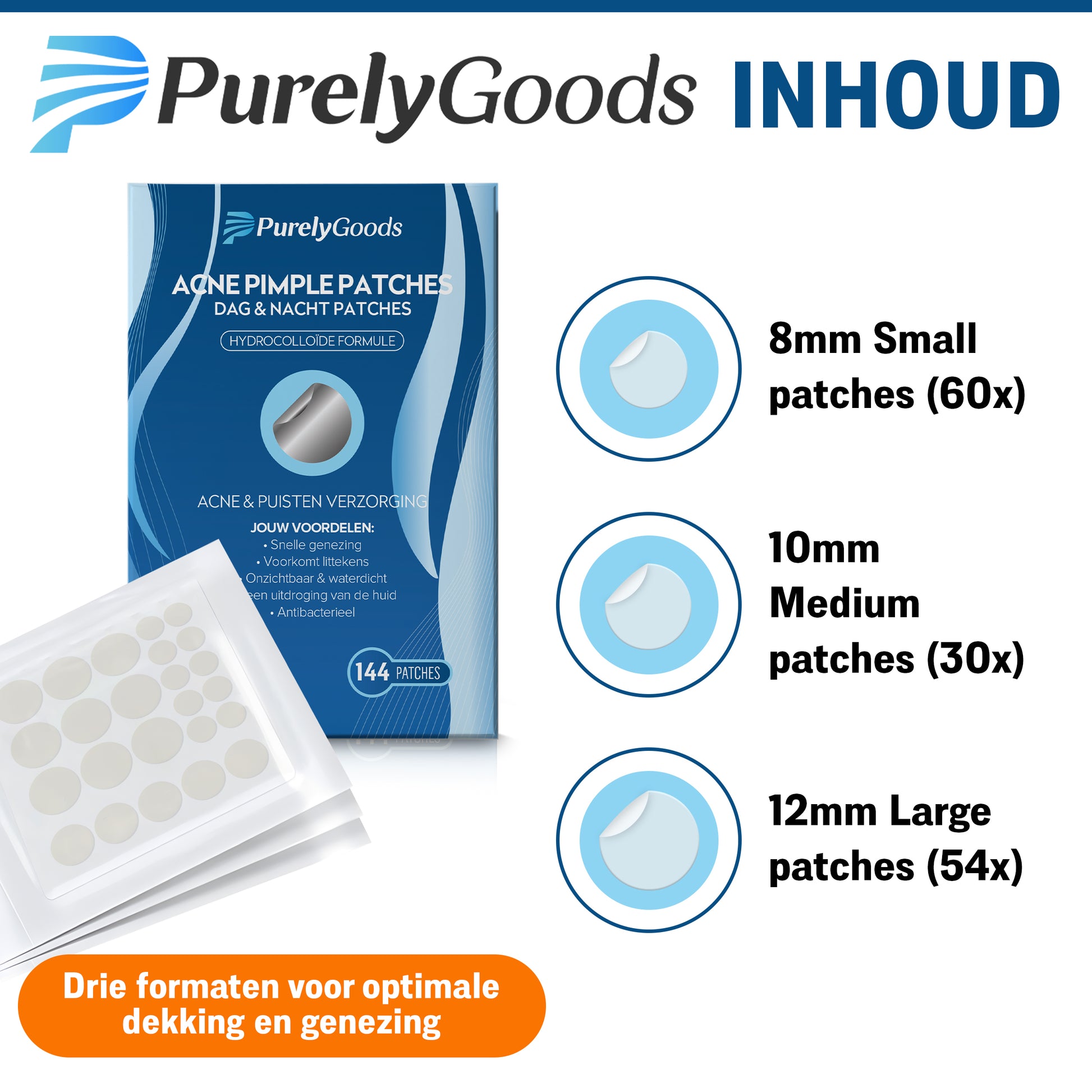 PurelyGoods pimple patches verpakking inhoud met 144 stuks in drie maten 8mm 10mm 12mm hydrocolloïde pleisters
